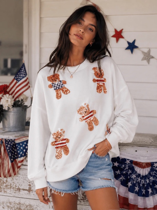 Peach Love California Tops - Red White and Blue Sequin Teddy Bear Sweatshirt